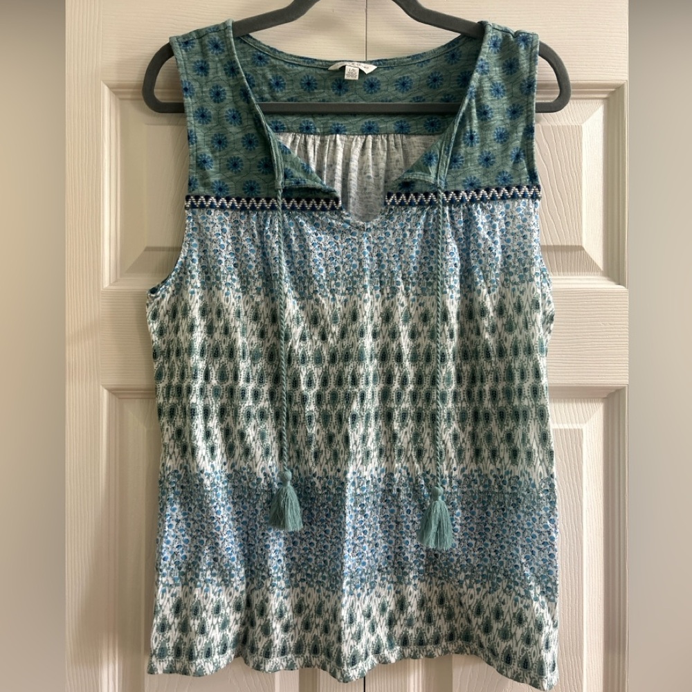 Lucky Brand Shirt Women's Size L Green Blue Sleeveless Boho Blouse Tassel